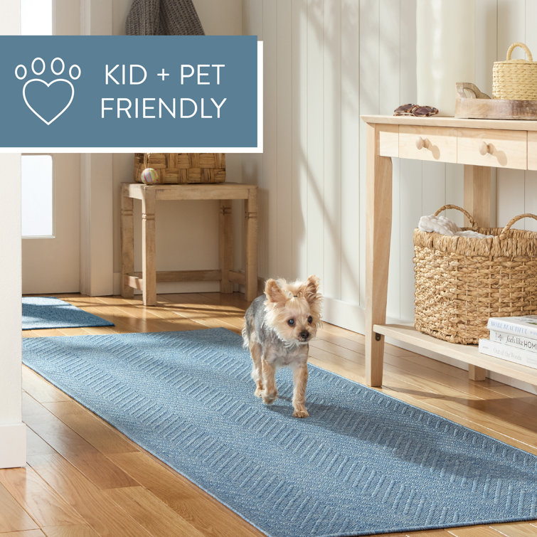 Blue Cotton and Polyester Herringbone Washable Runner Rug