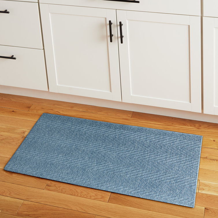 Blue Herringbone Textured Washable Rectangular Area Rug