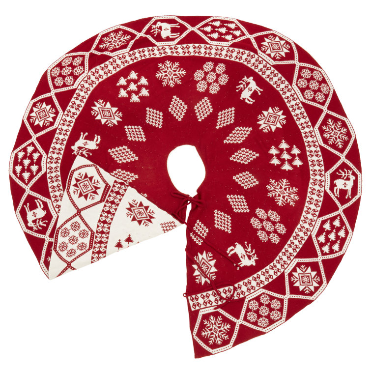 Red and White Knit Christmas Tree Skirt with Festive Patterns