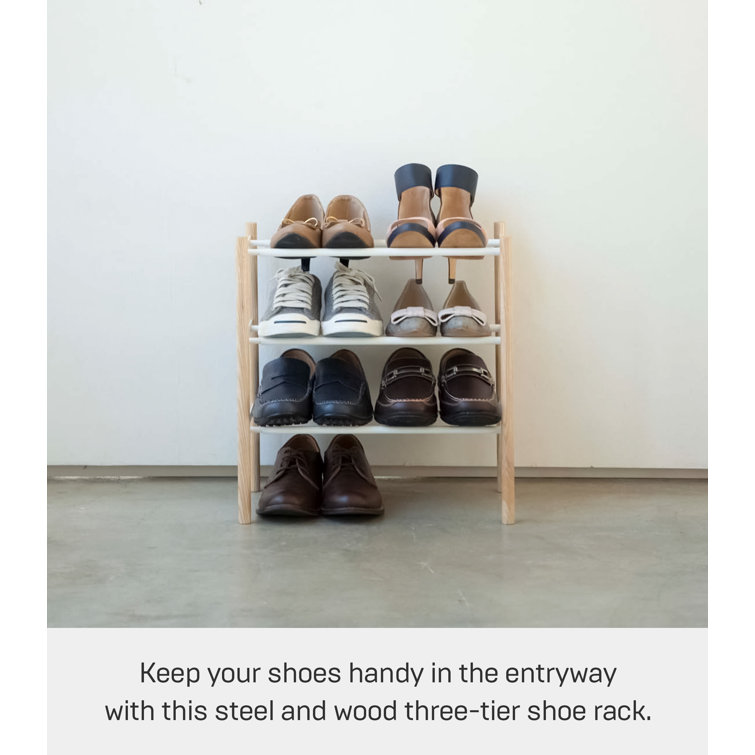 White Expandable 3-Tier Shoe Rack with Wood Accents