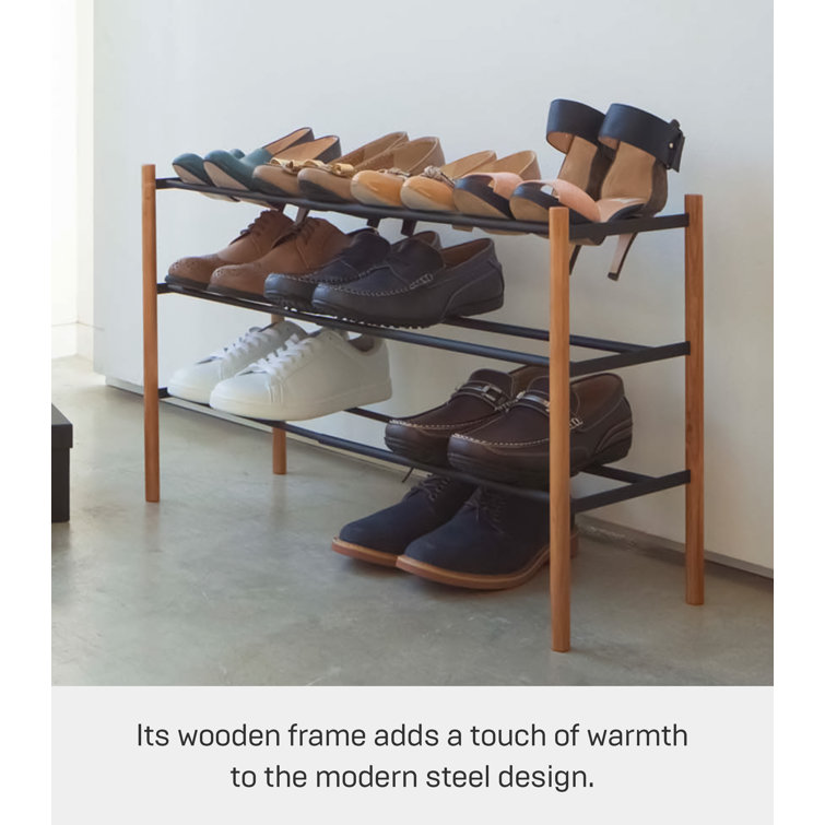 Expandable Black and Light Wood 3-Tier Shoe Rack