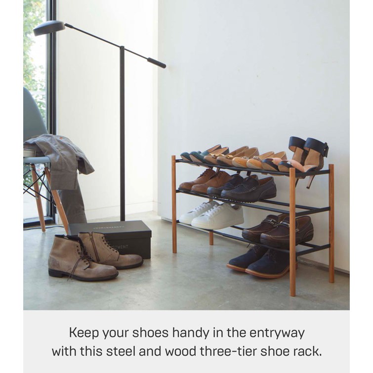 Expandable Black and Light Wood 3-Tier Shoe Rack
