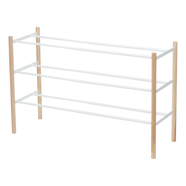 White Expandable 3-Tier Shoe Rack with Wood Accents