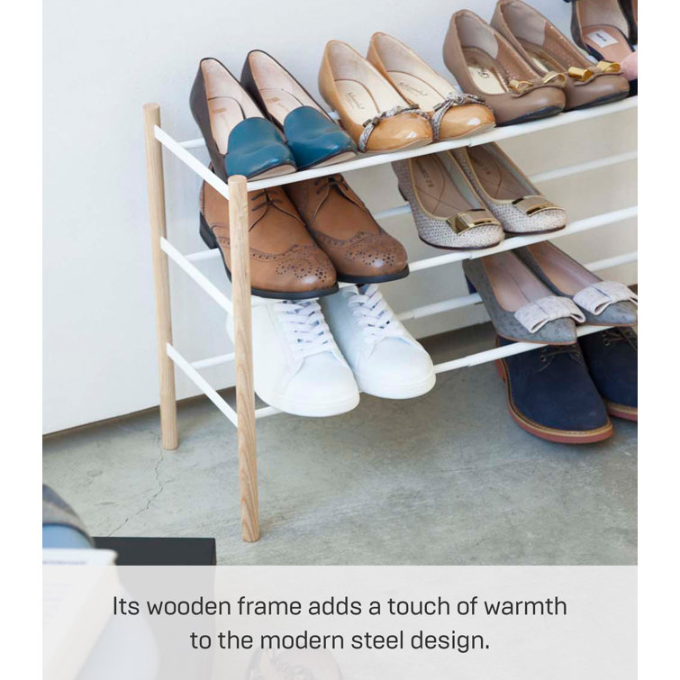 White Expandable 3-Tier Shoe Rack with Wood Accents