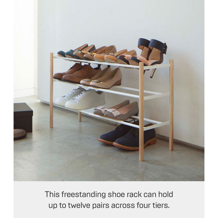 White Expandable 3-Tier Shoe Rack with Wood Accents