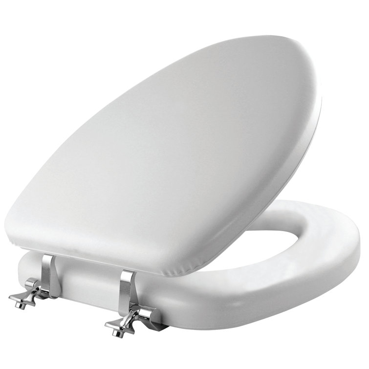 Elongated White Padded Vinyl Toilet Seat with Chrome Hinges