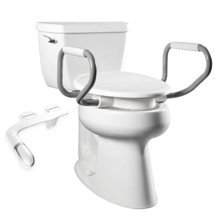 White Raised Toilet Seat with Handles and Bidet Attachment