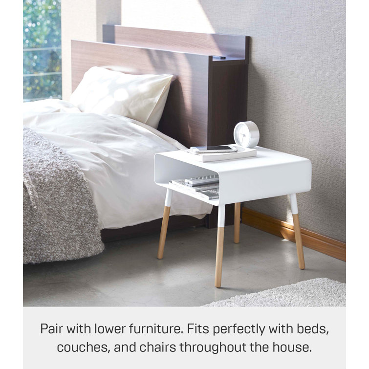White Short Steel and Wood Side Table with Storage Shelf