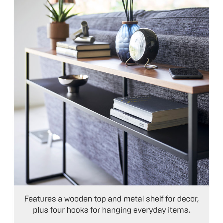 Slim Black Metal Console Table with Wooden Top and Shelf