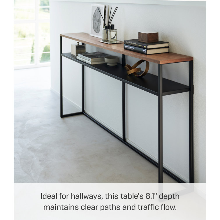 Slim Black Metal Console Table with Wooden Top and Shelf