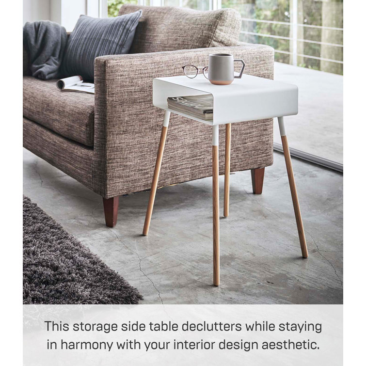 Tall White Steel and Wood Storage Side Table