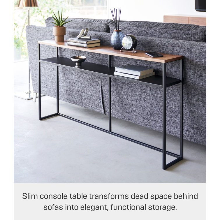 Slim Black Metal Console Table with Wooden Top and Shelf