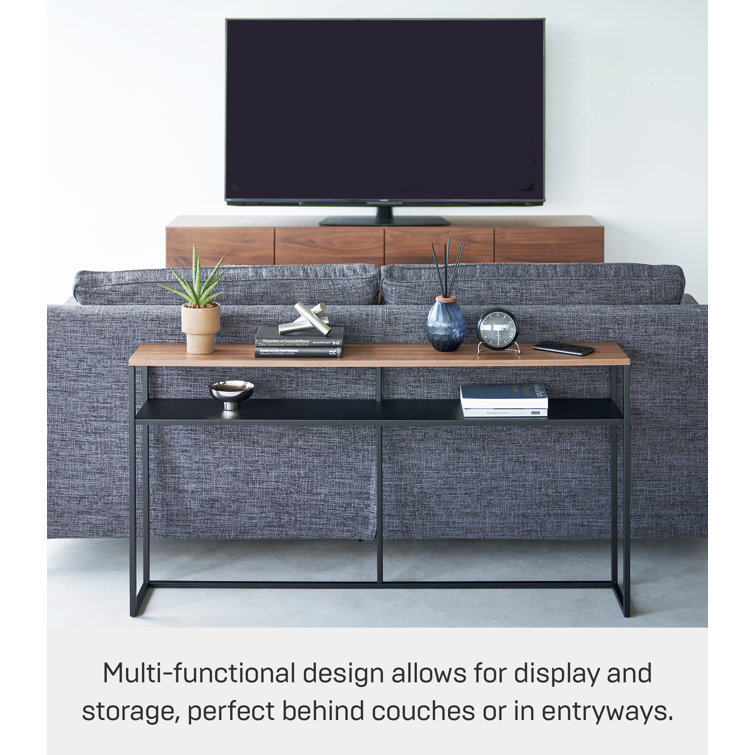 Slim Black Metal Console Table with Wooden Top and Shelf