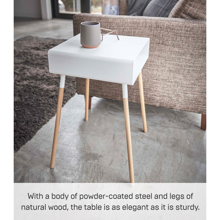 Tall White Steel and Wood Storage Side Table