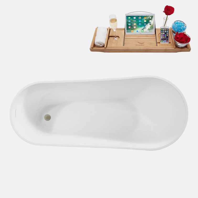 67" Glossy White Acrylic Freestanding Soaking Bathtub with Bamboo Tray