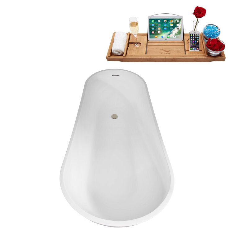 67" Glossy White Acrylic Freestanding Soaking Bathtub with Bamboo Tray