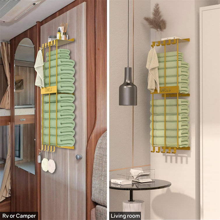 Gold Wall Mounted Metal Towel Rack with Hooks