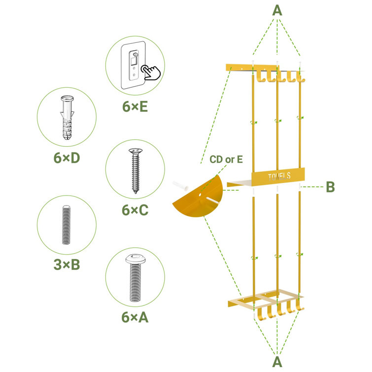 Gold Wall Mounted Metal Towel Rack with Hooks