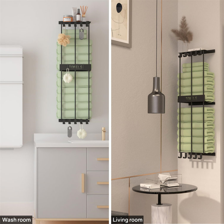 Matte Black Wall-Mounted Towel Rack with Hooks and Shelf