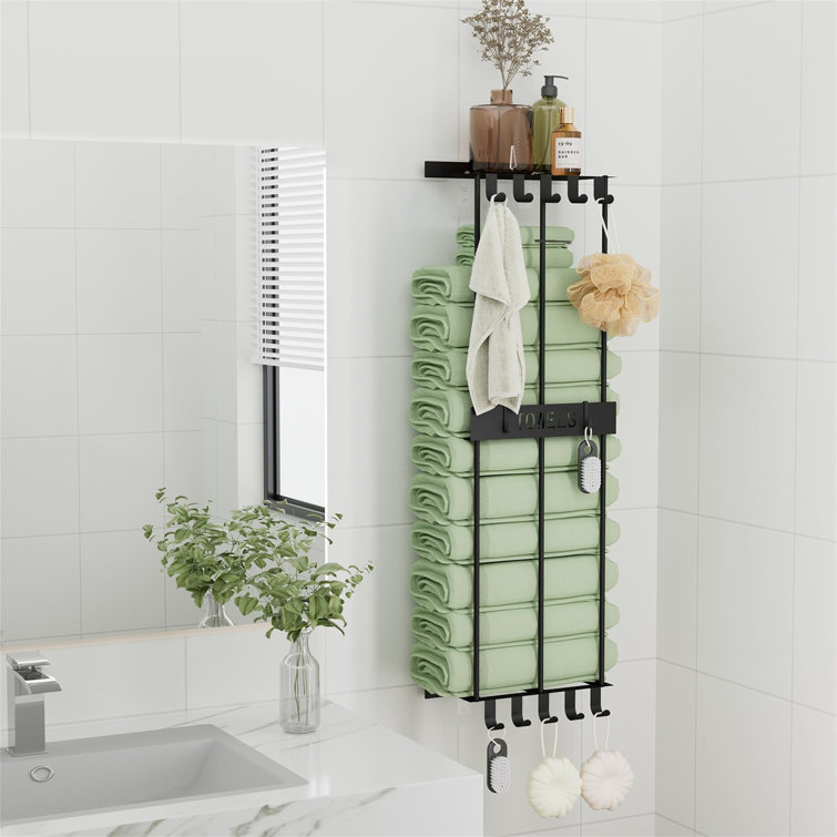 Matte Black Wall-Mounted Towel Rack with Hooks and Shelf