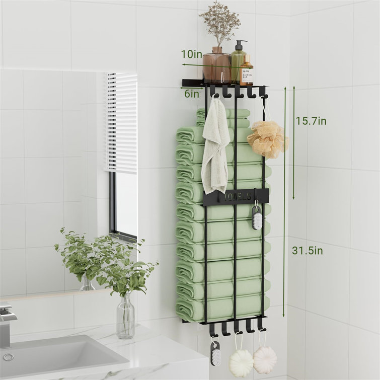 Matte Black Wall-Mounted Towel Rack with Hooks and Shelf