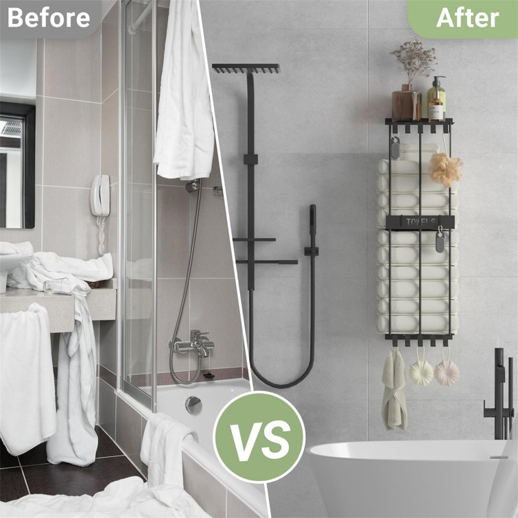 Matte Black Wall-Mounted Towel Rack with Hooks and Shelf
