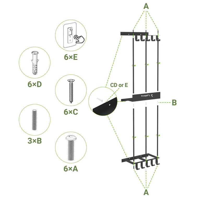 Matte Black Wall-Mounted Towel Rack with Hooks and Shelf