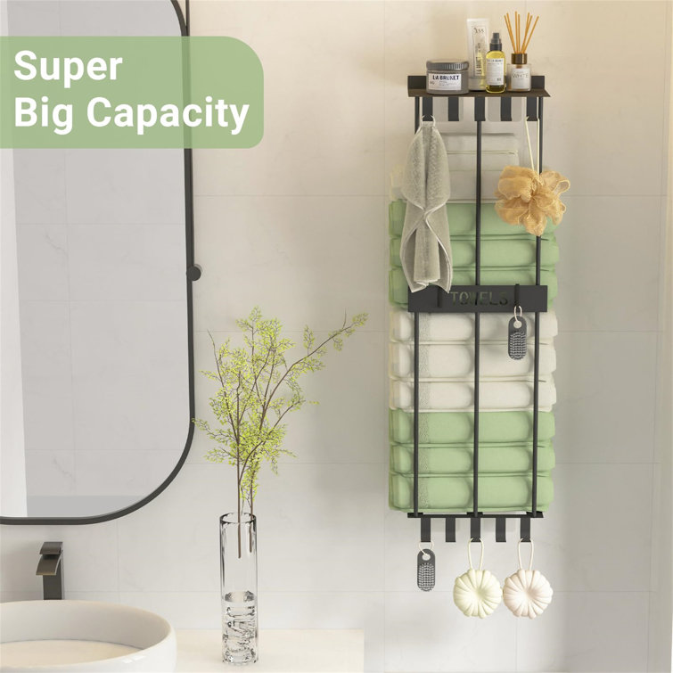 Matte Black Wall-Mounted Towel Rack with Hooks and Shelf