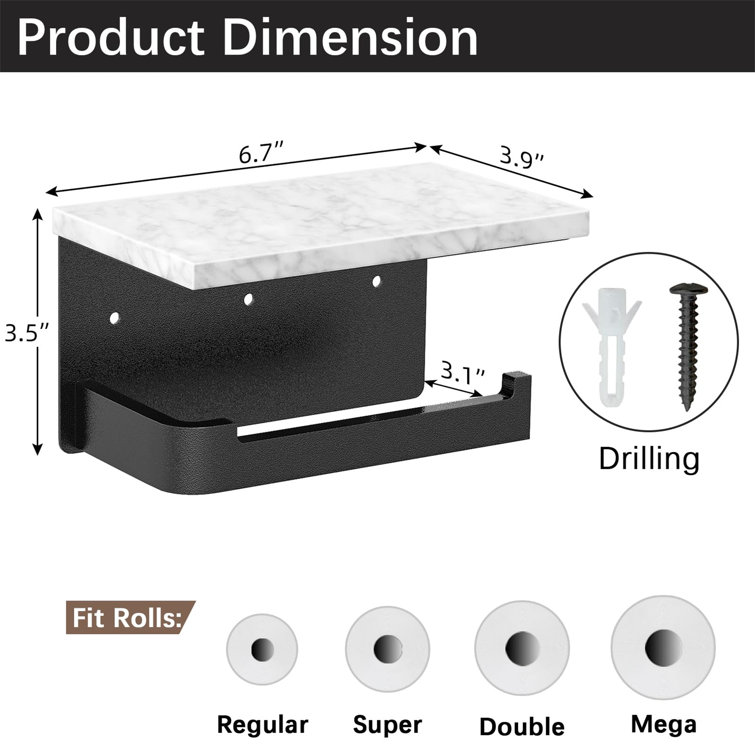 Black Wall Mounted Toilet Paper Holder with Marble Shelf
