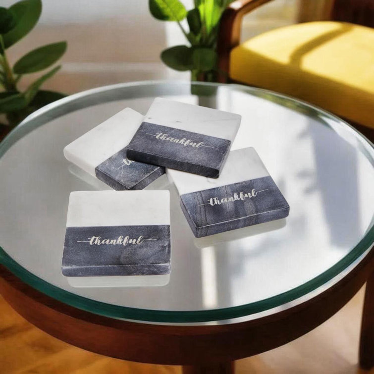 Gray and White Marble Square Coaster Set with Thankful Text