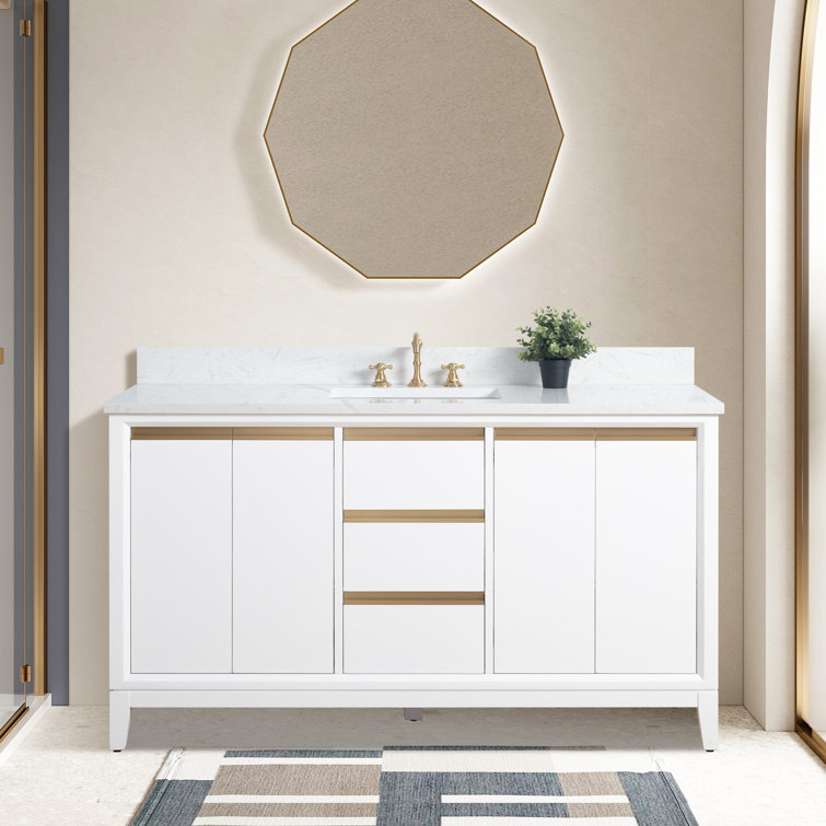 60" White Poplar Wood Single Bathroom Vanity with Marble Top