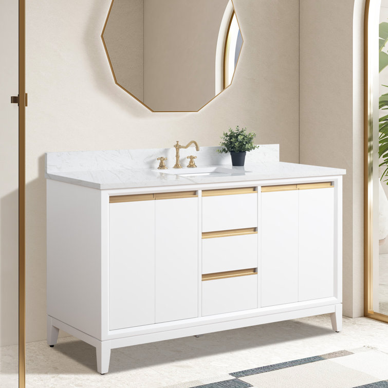60" White Poplar Wood Single Bathroom Vanity with Marble Top