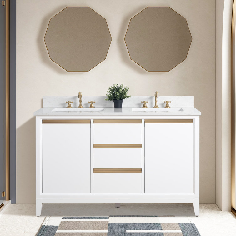 White Poplar Wood Double Bathroom Vanity with Marble Top