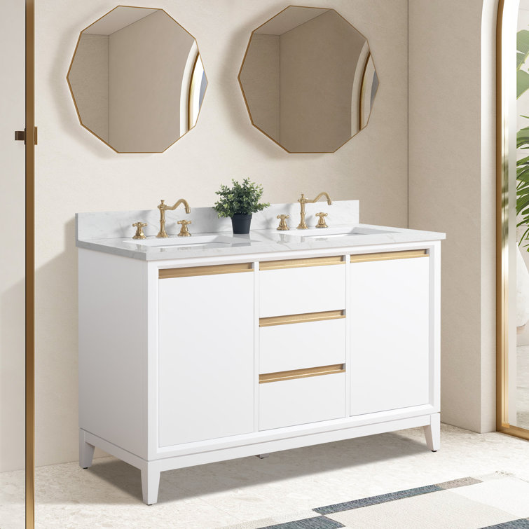 White Poplar Wood Double Bathroom Vanity with Marble Top
