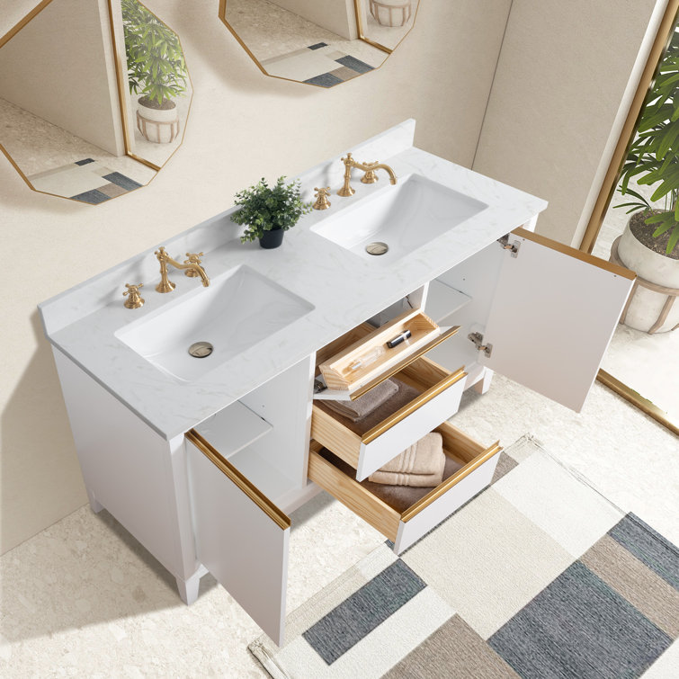 White Poplar Wood Double Bathroom Vanity with Marble Top