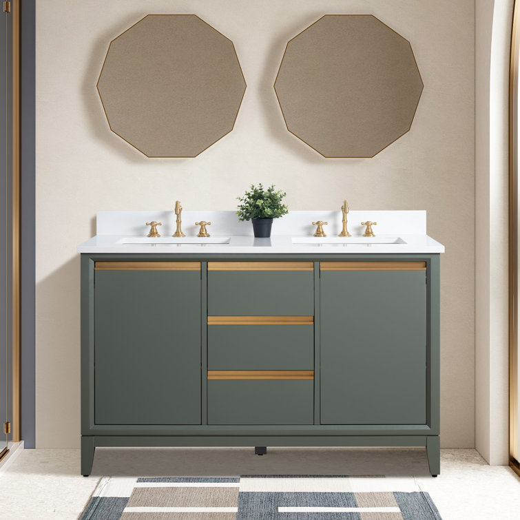 Vintage Green Double Sink Bathroom Vanity with Marble Top