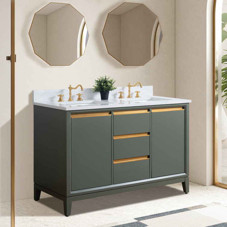 Vintage Green Double Sink Bathroom Vanity with Marble Top