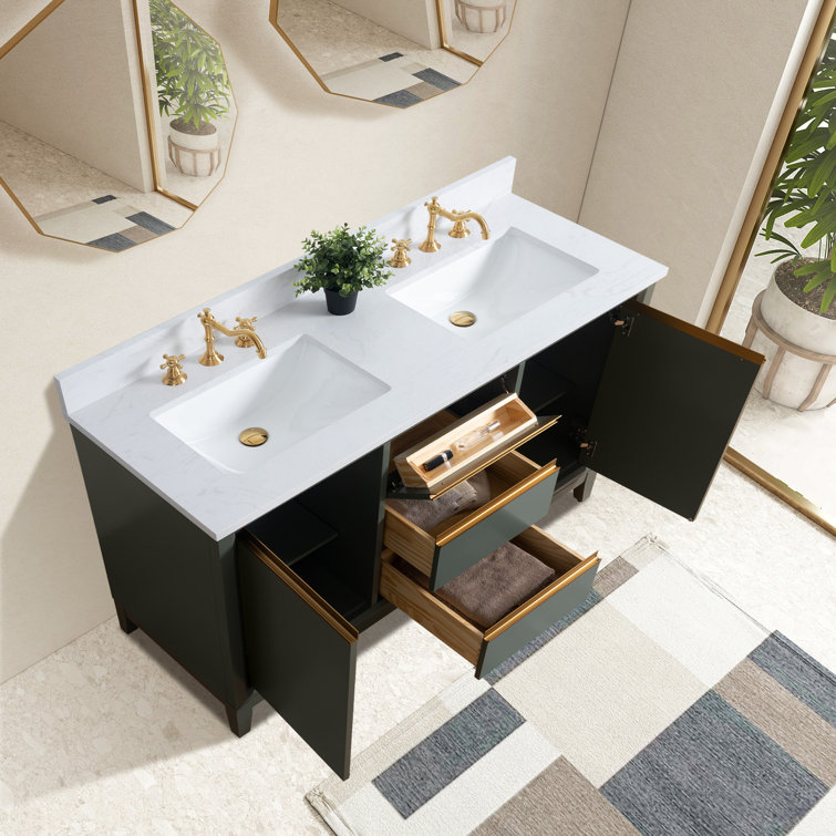 Vintage Green Double Sink Bathroom Vanity with Marble Top
