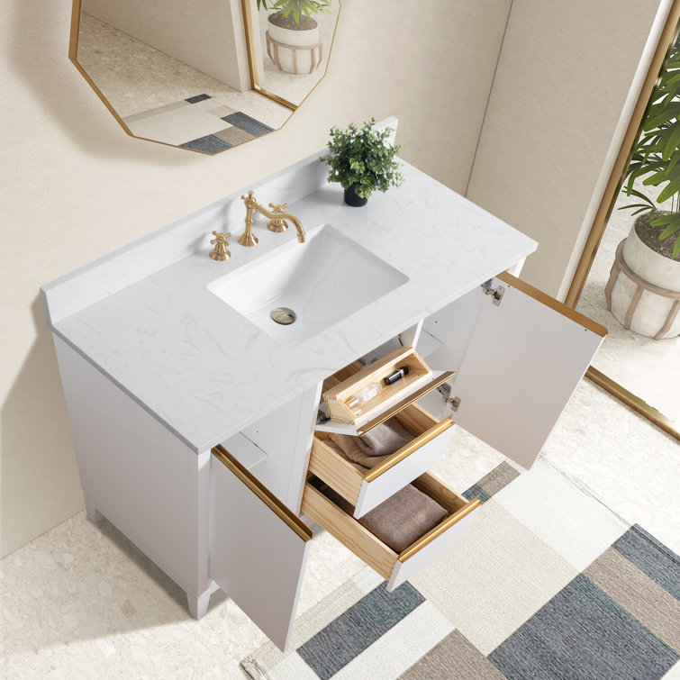 48" White MDF Freestanding Bathroom Vanity with Gold Accents
