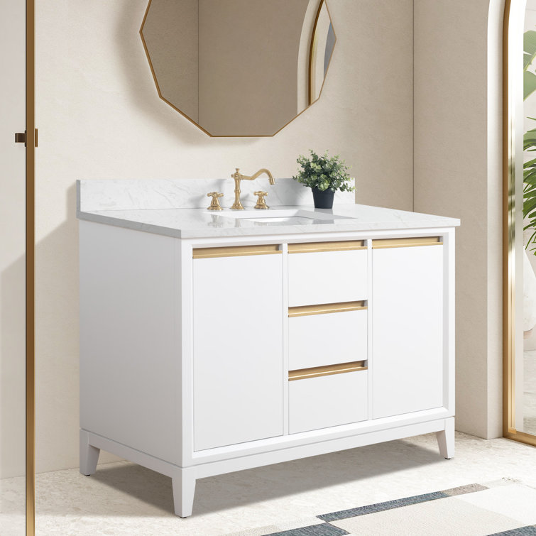 48" White MDF Freestanding Bathroom Vanity with Gold Accents