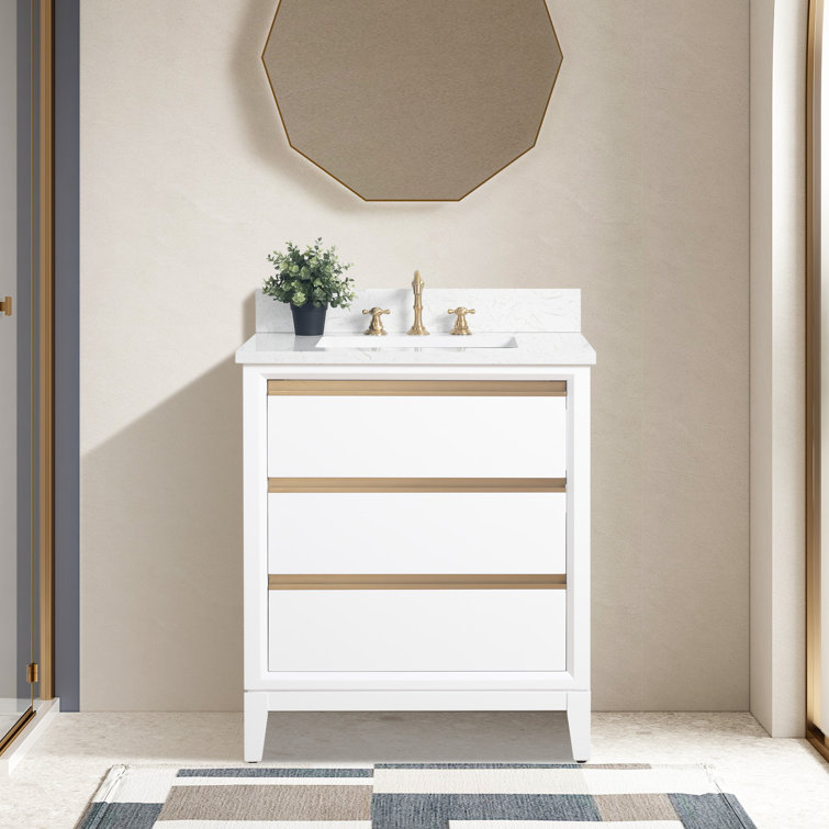 White Poplar Wood Single Bathroom Vanity with Marble Top