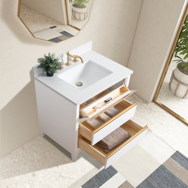White Poplar Wood Single Bathroom Vanity with Marble Top
