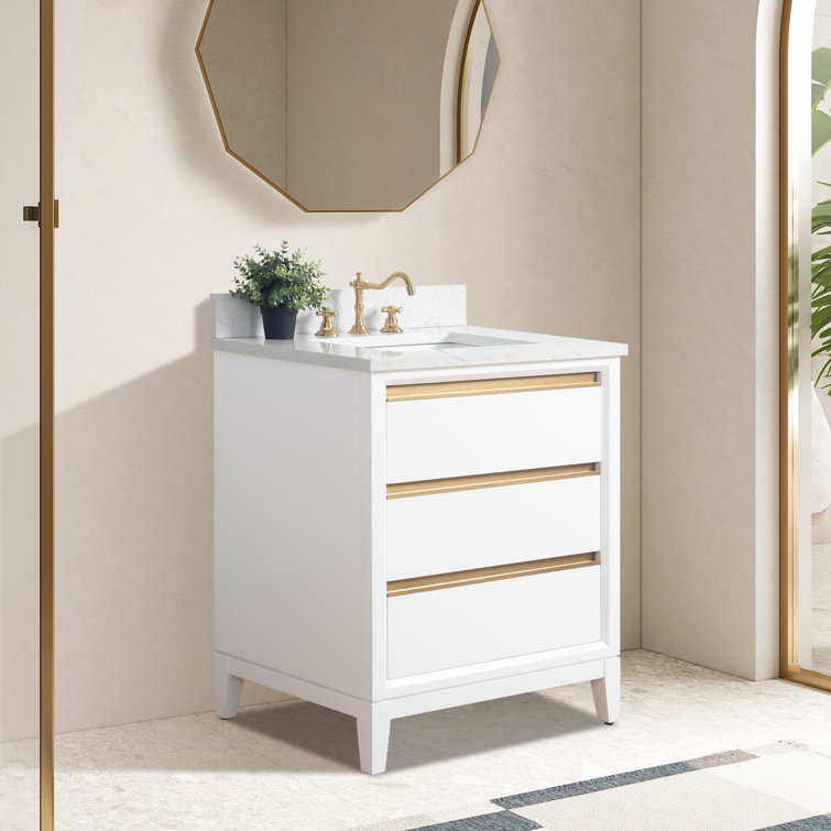 White Poplar Wood Single Bathroom Vanity with Marble Top