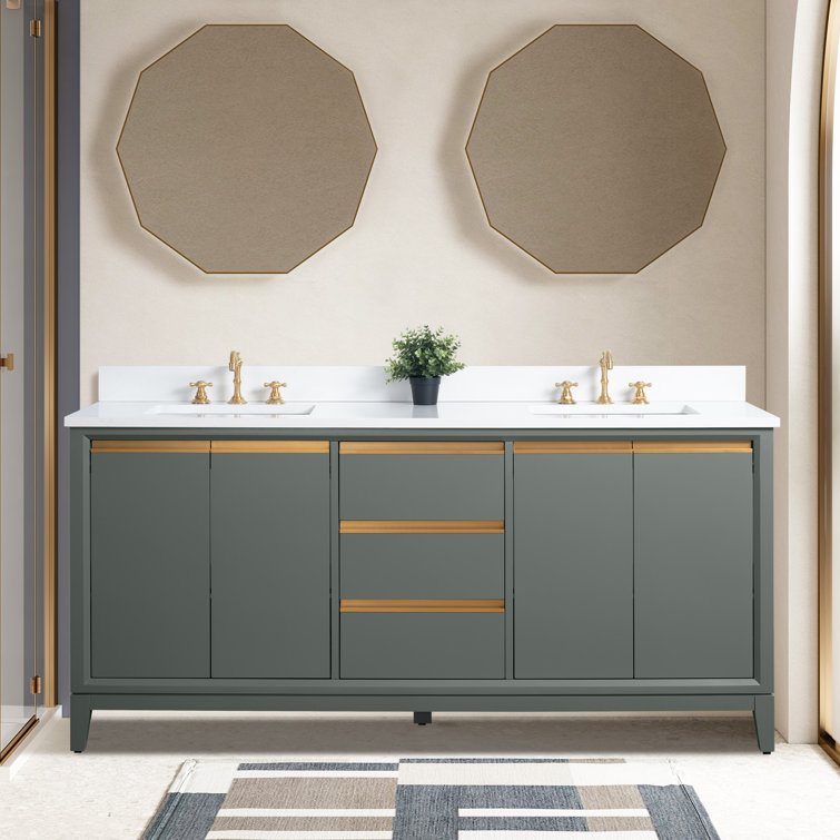 72" Vintage Green Double Sink Bathroom Vanity with Marble Top