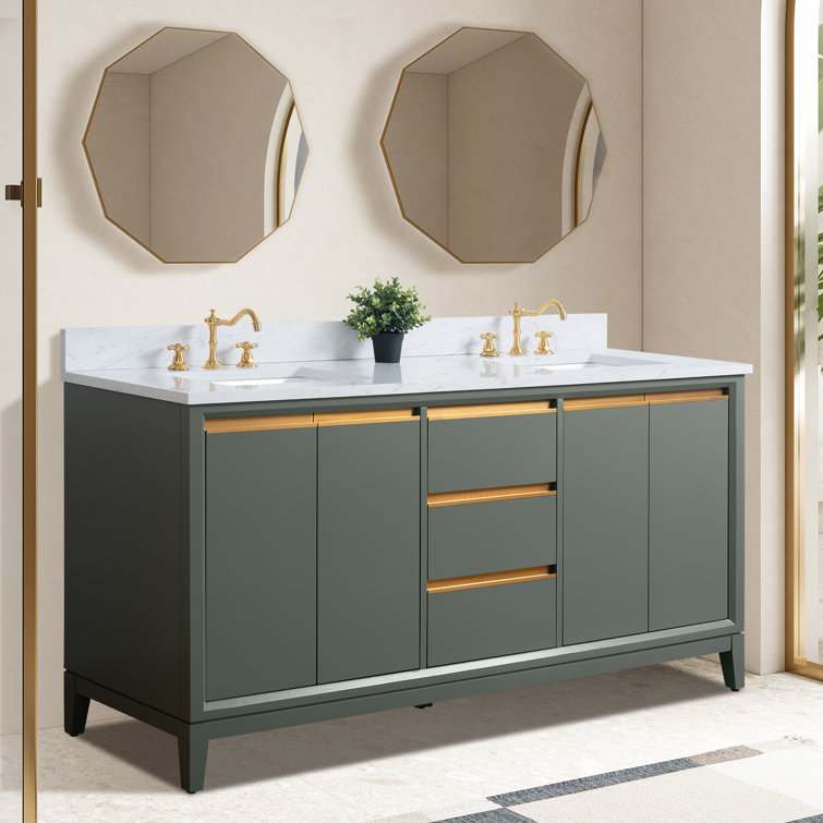 72" Vintage Green Double Sink Bathroom Vanity with Marble Top