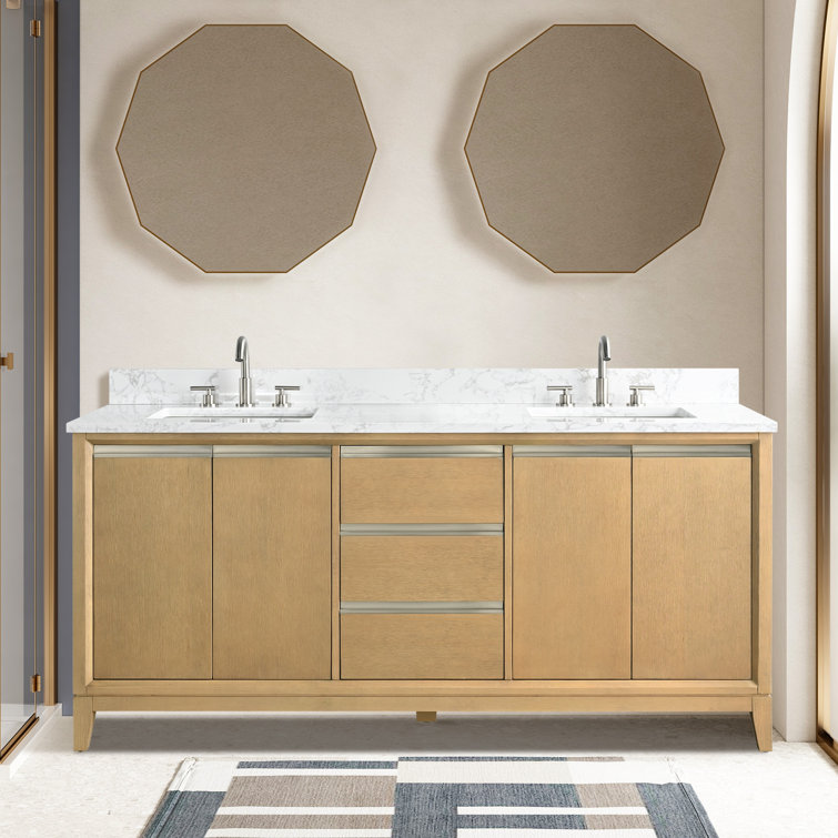 72" Natural Oak Double Sink Bathroom Vanity with Marble Top