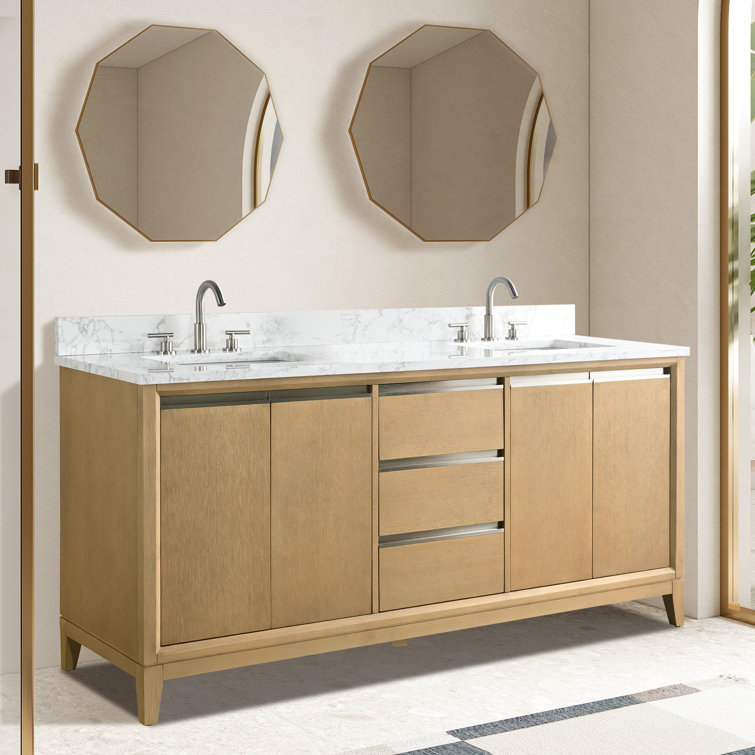 72" Natural Oak Double Sink Bathroom Vanity with Marble Top