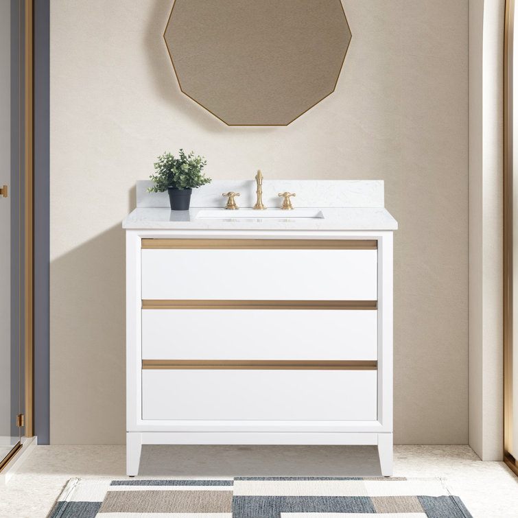 White and Gold 36" Freestanding Bathroom Vanity with Engineered Marble Top