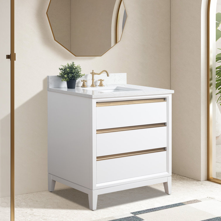 White and Gold 36" Freestanding Bathroom Vanity with Engineered Marble Top