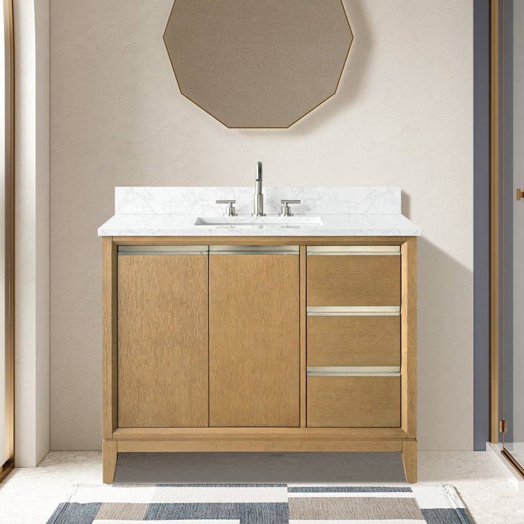 Natural Oak Single Sink Bathroom Vanity with Marble Top